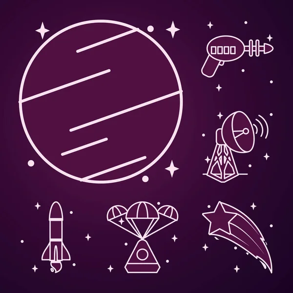 Arma espacial e conjunto de ícone de espaço, estilo de linha —  Vetores de Stock