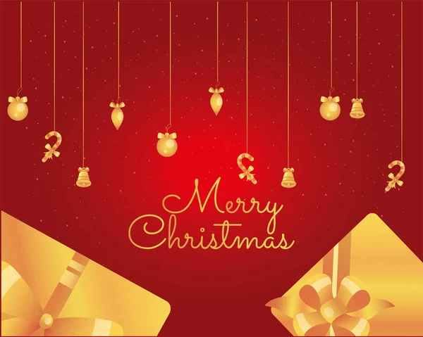 Joyeux cadeaux d'or de Noël et icônes suspendus conception vectorielle — Image vectorielle