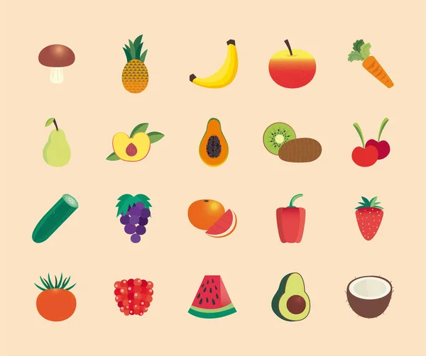 Frukt och grönsaker uppsättning ikoner vektor design — Stock vektor