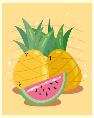 ananas ve karpuz meyvesi düz biçim ikon vektör tasarımı