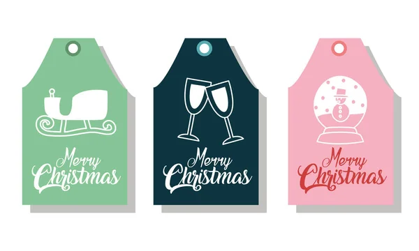 Joyeux Noël étiquettes avec des tasses de traîneau et de conception vectorielle bonhomme de neige — Image vectorielle
