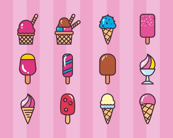 아이스크림 라인 및 스타일 아이콘 번들 벡터 디자인을 채우기 — 스톡 벡터