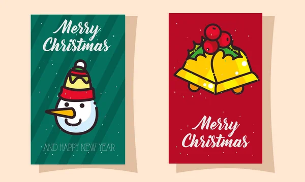 Merry christmas snowman and bells flat style icon vector design — Stock Vector