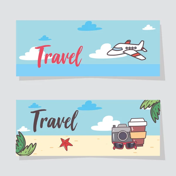 Reisvliegtuig en pictogram ingesteld op etiketten kaarten vector ontwerp — Stockvector