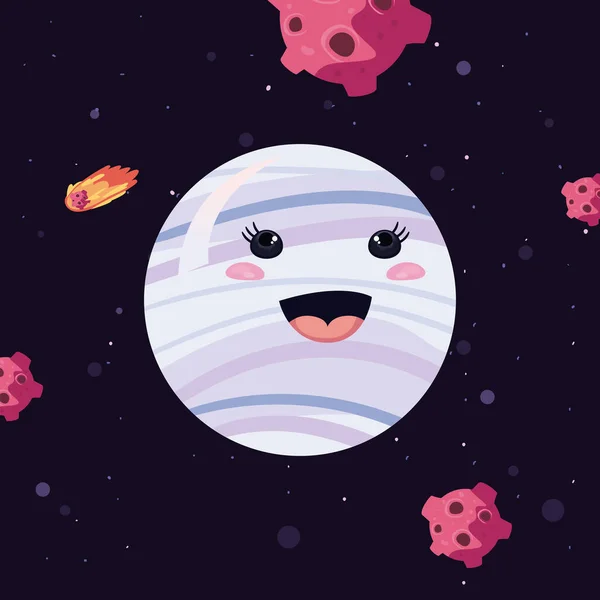 Vit kawaii planet med asteroider vektor design — Stock vektor