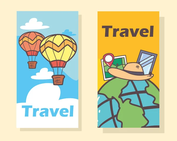 Reizen heteluchtballonnen en pictogram set vector ontwerp — Stockvector