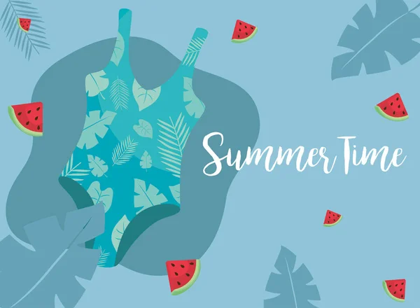 Badebekleidung zur Sommerzeit und Wassermelonen-Vektordesign — Stockvektor