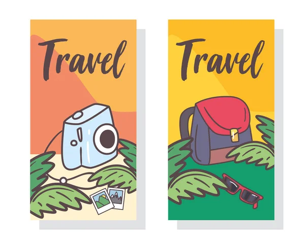 Travel camera and bag labels vector design — Stock Vector