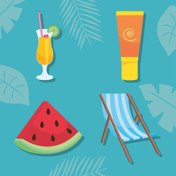 Sommar cocktail solkräm vattenmelon och stol vektor design — Stock vektor