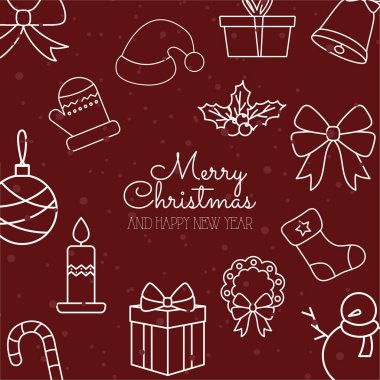 Kırmızı arkaplan vektör tasarımında mutlu noel simgeleri
