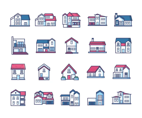 Línea de la casa y llenar iconos de estilo paquete de diseño de vectores — Vector de stock