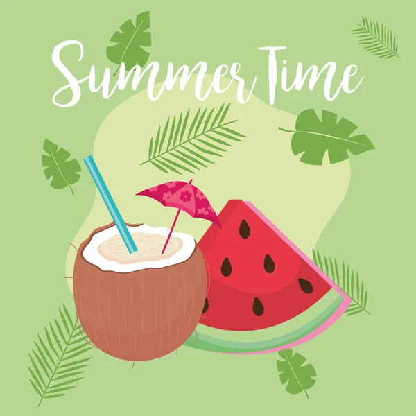 Tempo de verão melancia e design de vetor de coco — Vetor de Stock