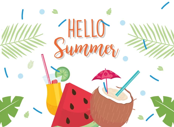 Hallo zomer watermeloen en kokosnoot cocktail vector ontwerp — Stockvector