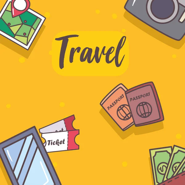 Seyahat pasaportu akıllı telefon kamerası ve bilet vektör tasarımı — Stok Vektör
