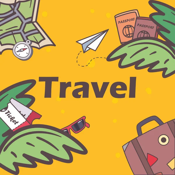 Travel map bag and passports with leaves vector design — Stockvektor