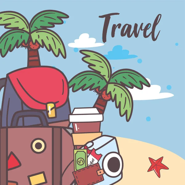 Travel bag mug and camera at beach vector design — Stockvektor