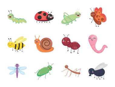 icon set of cute insects, colorful design clipart