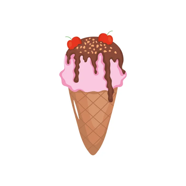 Icono de cono de helado de fresa con salsa de chocolate, diseño colorido — Archivo Imágenes Vectoriales