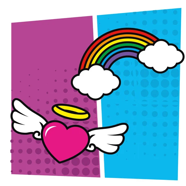 Pop art heart with wings and rainbow vector design — Stock Vector