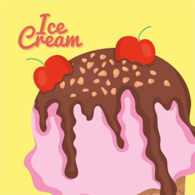 Çikolata soslu ve kirazlı dondurma, renkli tasarım.