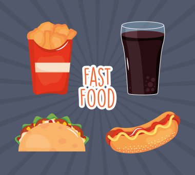 Meksika taco 'lu fast food tasarımı ve ilgili ikonlar, renkli tasarım