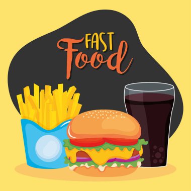 Fast food konsepti, patates kızartmalı hamburger ve meşrubat, renkli tasarım.