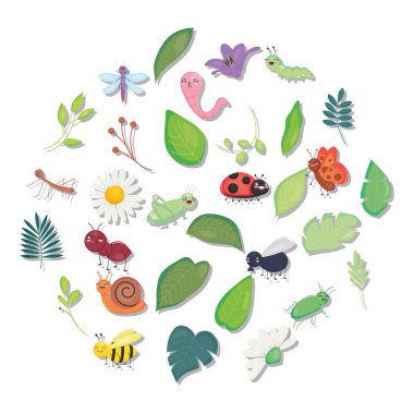 Yaprakları ve çiçekleri olan sevimli böcekler, renkli tasarım.