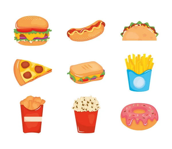 Fast food icon set, colorful design — Vector de stock