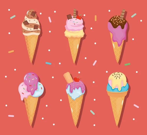 Icône ensemble de glaces sucrées, design coloré — Image vectorielle