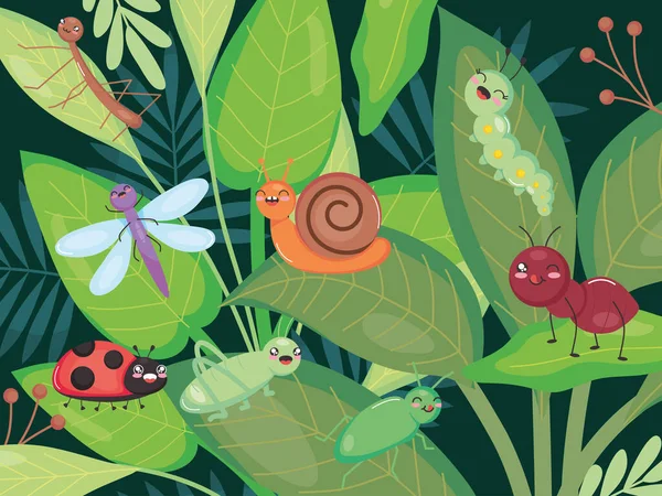 Cute insects standing on leaves, colorful design — Vector de stock