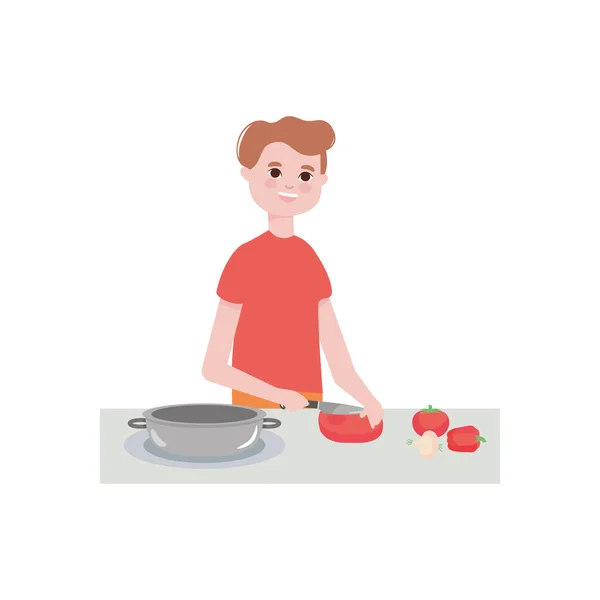 Dessin animé homme cuisine et hacher la tomate, design coloré — Image vectorielle