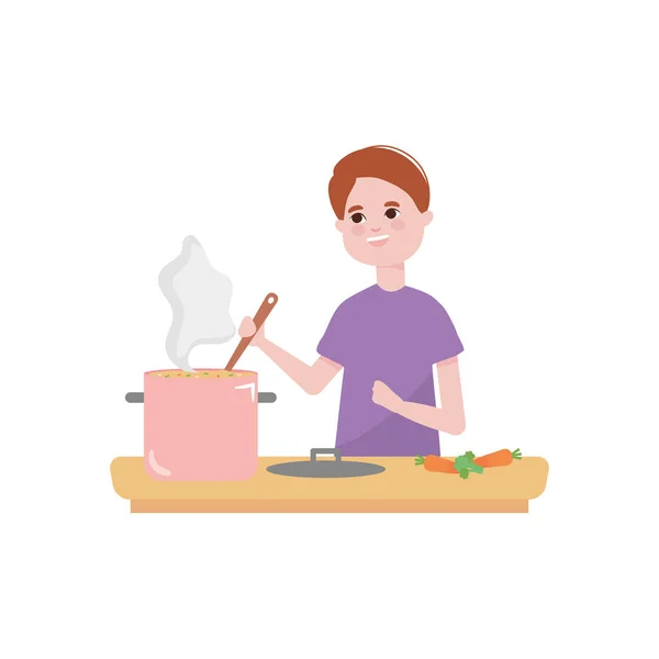 Dessin animé heureux garçon cuisine agitant un pot, design coloré — Image vectorielle