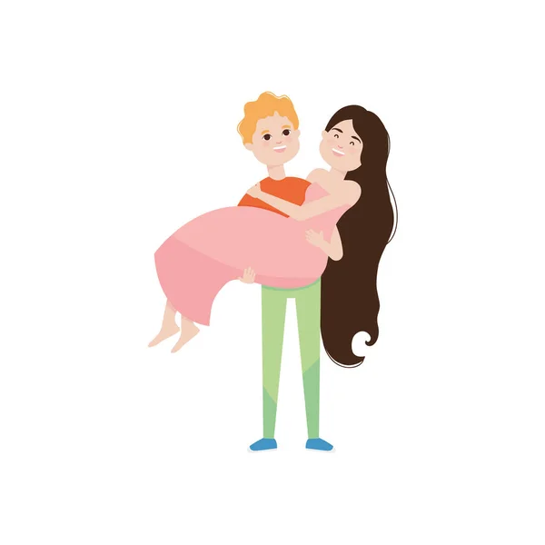 Feliz pareja enamorada, hombre sosteniendo a una mujer en sus brazos, diseño colorido — Vector de stock