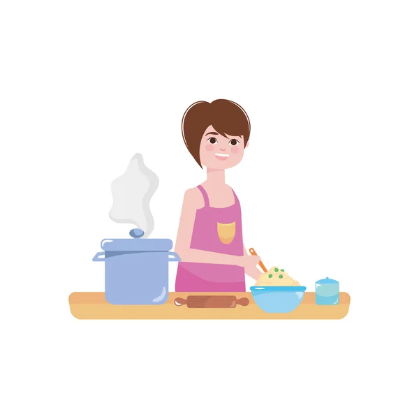 Mujer feliz cocina con elementos de cocina alrededor, diseño colorido — Vector de stock