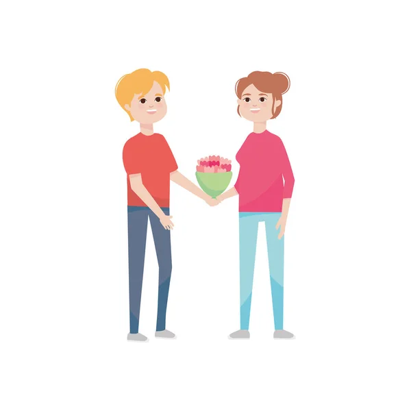 Cartoon jonge man geven bloemen boeket aan zijn vriendin, kleurrijk ontwerp — Stockvector