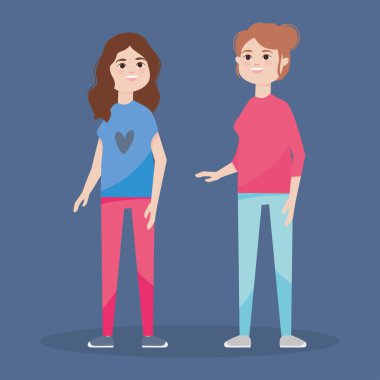 Çizgi filmdeki genç kadınlar gündelik kıyafetler giyiyorlar, renkli tasarım.