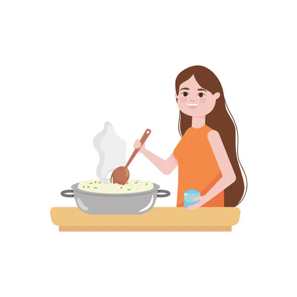 Cartoon woman cooking and hot rice pot, colorful design — ストックベクタ