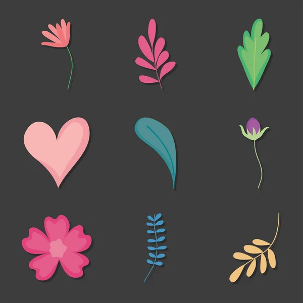 Icon set of flowers and leaves, colorful design — Stockvektor