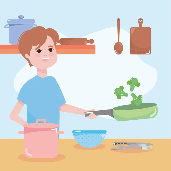 Konyha design férfi főzés gazdaság serpenyő brokkoli, színes design — Stock Vector
