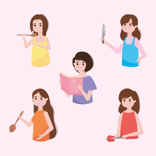 Mujeres de dibujos animados que sostienen elementos de cocina, diseño colorido — Vector de stock