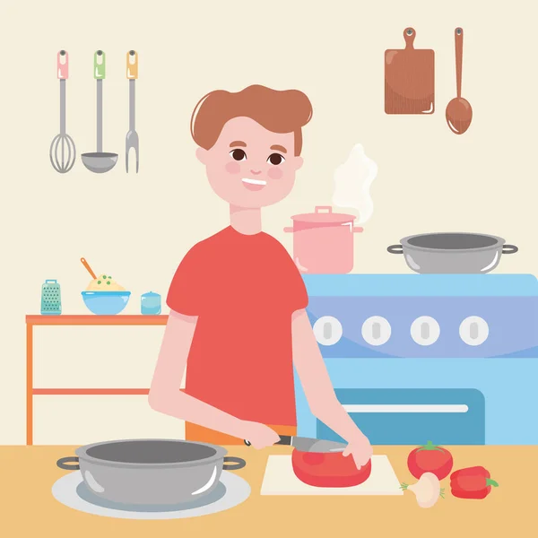 Homme dans la cuisine hacher des légumes, design coloré — Image vectorielle