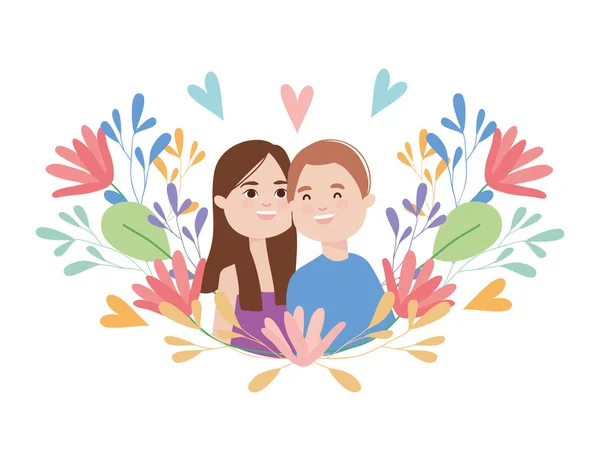 Homem e mulher no amor e folhas decorativas e flores ao redor, design colorido —  Vetores de Stock