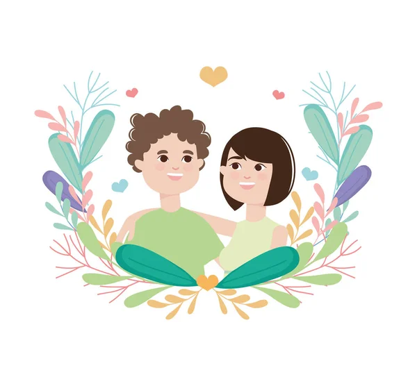 Icono de pareja joven con flores de hojas, diseño colorido — Archivo Imágenes Vectoriales