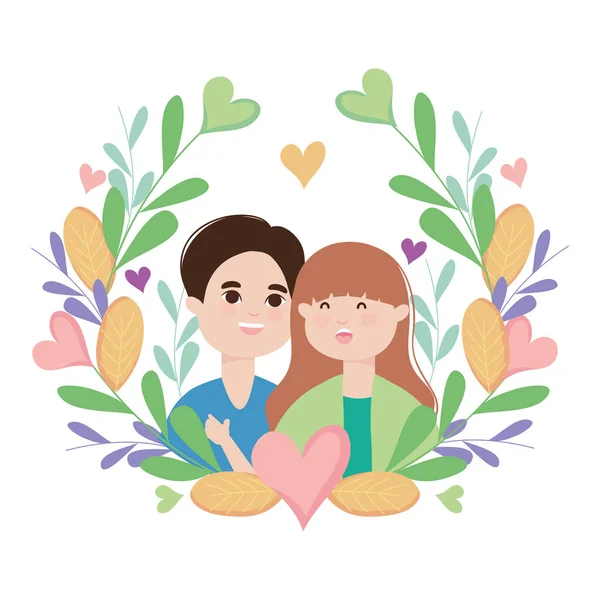 Ζευγάρι καρτούν ερωτευμένο με λουλούδια και φύλλα στεφάνι, πολύχρωμο σχέδιο — Διανυσματικό Αρχείο