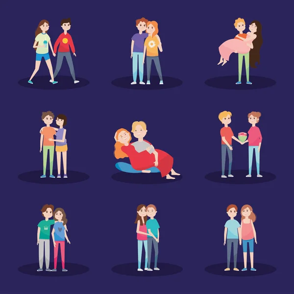 Icon set of happy couples in love, colorful design — Stock Vector