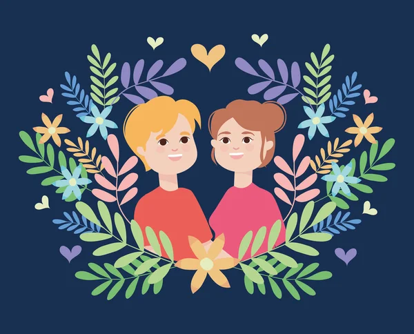 Tecknad par med blad krans och hjärtan, färgglad design — Stock vektor