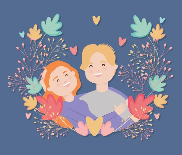 Tecknad ung par med färgglada blad och blommor krans, färgglad design — Stock vektor