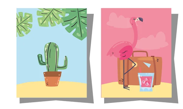 Yaz kaktüsü flamingosu ve çerçeve vektör tasarımında poşet — Stok Vektör