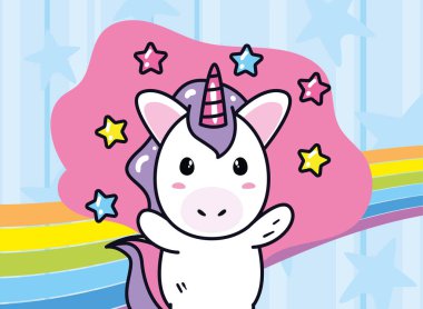 tek boynuzlu at çizgi filmi yıldızlar ve gökkuşağı vektör tasarımı