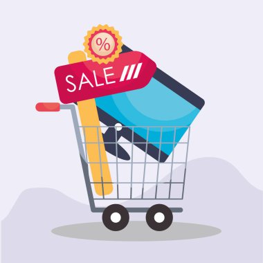 Satış yolu tabelası ve TV vektör tasarımı olan alışveriş arabası